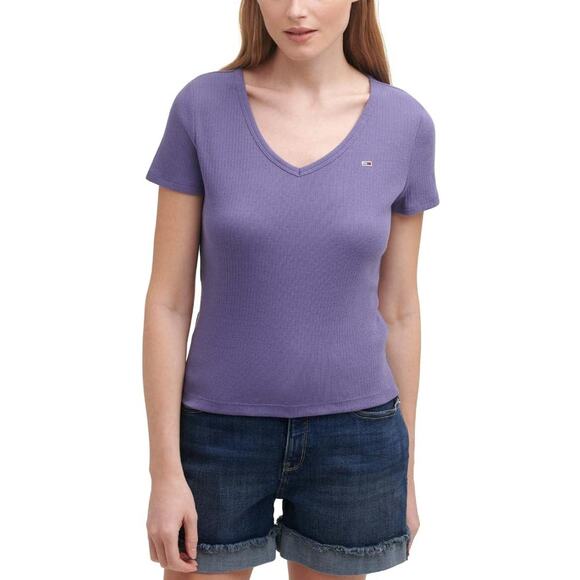 Tommy Jeans Purple V-Neck Ribbed T-Shirt Size Medium - Picture 1 of 7